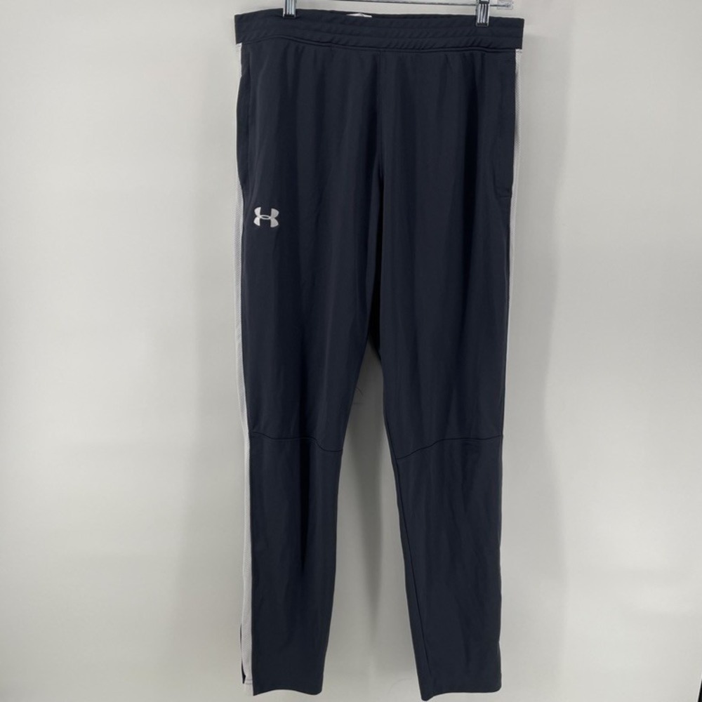 Under Armour Athletic Track Pants Mens LG Navy Blue Fitted Side Stripe Solid